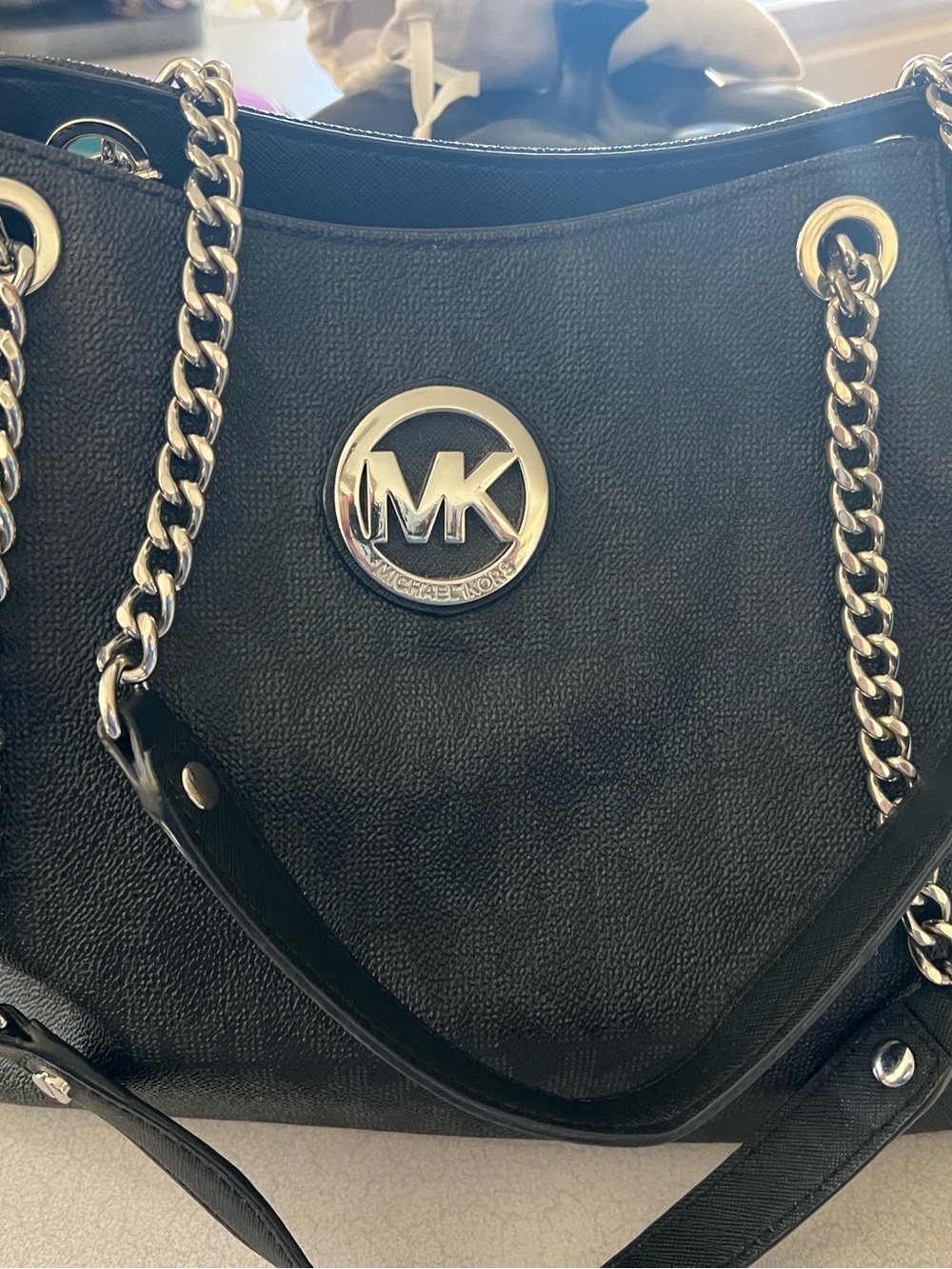 Michael Kors Black Leather Shoulder Bag with Silver chain accents